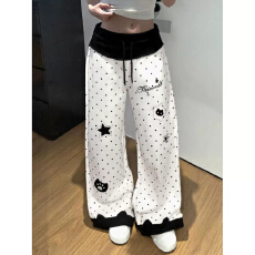 批发亚萌感波点猫耳朵卷边屁帘休闲裤女2026新款宽松慵懒风直筒阔腿裤