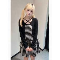 批发大码韩系甜美风<b class='q'>条纹</b>吊带连衣裙女春秋初恋清纯开衫蛋糕裙两件<b class='q'>套装</b>
