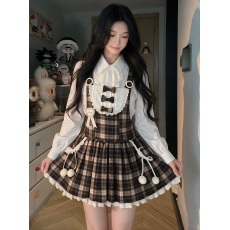 批发学院风洛丽塔格纹<b class='q'>连衣裙</b>女<b class='q'>秋冬</b>小个子甜美娃娃领上衣背带裙两件套
