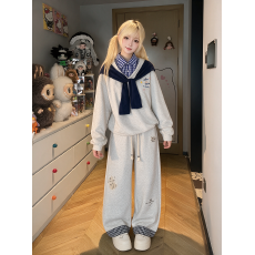 批发法式polo领假两件卫衣女少女秋冬季加绒加厚两件套潮流设计感套装