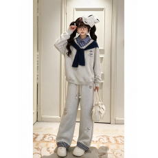 批发新款两件套polo领假两件披肩上衣秋冬季女宽松格子拼接加长裤套装