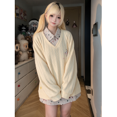 批发<b class='q'>大码</b>美式奶黄色星星衬衫假两件卫衣女秋季新款设计感宽松款<b class='q'>上衣</b>潮