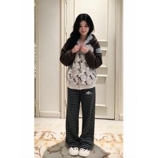 批发美式亚文化满印双层连帽卫衣女秋冬季加绒加厚宽松款开衫两件套