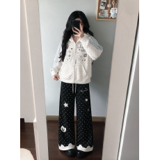 批发日系新款亚萌感波点条纹袖蕾丝边拉链连帽外套秋<b class='q'>冬</b>季宽松款两件套