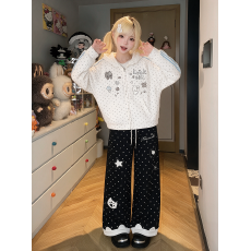 批发新款学院风可爱波点条纹袖蕾丝边连帽卫衣外套女秋<b class='q'>冬</b>宽松两件套