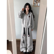 批发日系新款双袖织带字母印花连帽<b class='q'>卫衣</b><b class='q'>女</b>学院风秋冬宽松拉链休闲<b class='q'>套装</b>
