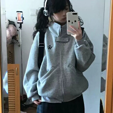 批发美式复古<b class='q'>立领</b>形卫衣秋冬季加绒开衫高级刺绣百搭拉链外套宽松上衣