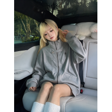 批发韩系新款<b class='q'>立领</b>廓形卫衣女秋冬季高级感刺绣拉链外套宽松休闲上衣潮
