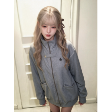 批发日系新款<b class='q'>立领</b>廓形卫衣女秋冬季设计感刺绣学院拉链外套宽松款上衣
