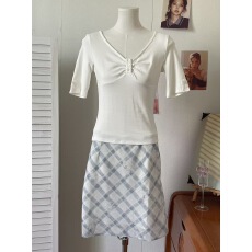批发Goo Goo Eyes双层<b class='q'>雪纺</b>飘逸蓝格纹<b class='q'>半身裙</b>女夏季花边腰头鱼尾裙中裙