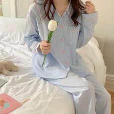 批发韩系温柔风条纹睡衣少女款娃娃领长袖套装柔软透气休闲居家两件套