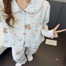 批发韩系温柔风条纹睡衣少女款娃娃领长袖套装柔软透气休闲居家两件套