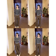 批发美式灰色正肩<b class='q'>假两件</b>长袖t恤女春秋季修身收腰显瘦设计感短款<b class='q'>上衣</b>