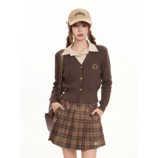 批发美拉德咖色polo假两件短款针织毛衣开衫女秋季学院风内搭打底上衣