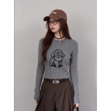 批发灰色圆领长袖毛衣针织衫女春秋季早秋短款内搭修身小个子打底上衣