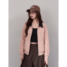 批发粉色麂皮绒翻领短款外套女早秋款小个子皮衣夹克<b class='q'>棒球</b>服开衫初秋季