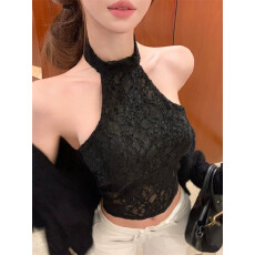 批发性感蕾丝挂脖无袖背心女<b class='q'>夏</b>外穿带胸垫美背镂空网纱内搭辣妹风上衣
