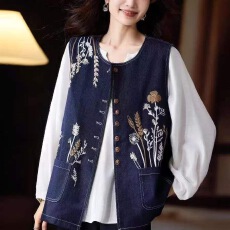 批发气质刺绣牛仔马甲女2026年大码欧货洋气上衣<b class='q'>秋</b>季新款宽松外套