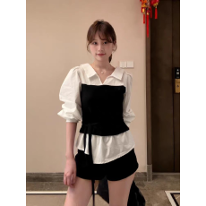 批发<b class='q'>韩版</b>复古装饰拼接系带长袖<b class='q'>衬衫</b>女秋季设计感显瘦上衣外穿遮肉