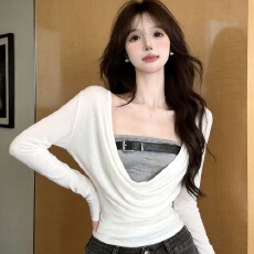 批发御姐又a又飒假两件皮带扣长袖<b class='q'>T</b><b class='q'>恤</b><b class='q'>女</b>早秋穿搭<b class='q'>欧美</b>气质小众修身上衣