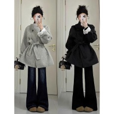 批发韩系高级灰色毛呢外套<b class='q'>秋</b>冬新款小个子系带收腰独特好看呢子大衣