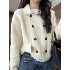 批发高级感白色毛衣针织外套女秋冬新款翻领双排扣加厚上衣洋气