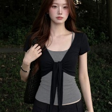 批发高腰绑带短袖开衫<b class='q'>工字</b><b class='q'>背心女</b>夏季新款时尚复古修身通勤两件套上衣