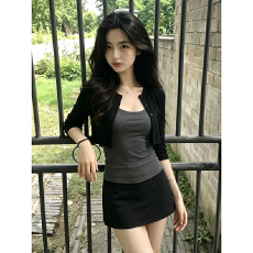 批发黑灰色开衫挂脖小背心两件套女夏季辣妹性感修身<b class='q'>工字</b>吊带短款上衣