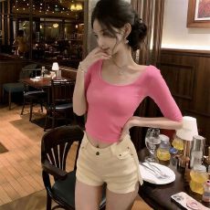 批发纯欲风性感U领半<b class='q'>袖</b>T恤女夏季纯色修身百搭低领内搭短款五分<b class='q'>袖</b><b class='q'>上衣</b>