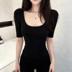 批发纯色大U领辣妹中<b class='q'>袖</b>T恤女2026夏季新款修身显瘦辣妹纯欲五分<b class='q'>袖</b><b class='q'>上衣</b>