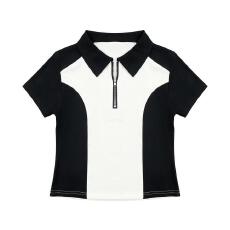 批发撞色半拉链翻领短袖T恤女夏季新款修身显瘦设计拼接通勤日常<b class='q'>上衣</b>