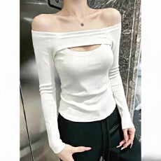 一字肩镂空长袖T恤女2026早秋新款纯欲辣妹修身显瘦收腰通勤上衣