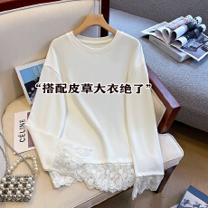 批发德绒<b class='q'>蕾丝</b>拼接圆领长袖T恤女春秋新款时尚设计宽松显瘦<b class='q'>打底衫</b>上衣
