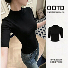 批发美式辣妹半高领半<b class='q'>袖</b><b class='q'>T</b><b class='q'>恤</b>女夏季款修身显瘦百搭别致紧身五分<b class='q'>袖</b>上衣