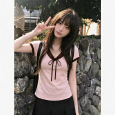 批发日系<b class='q'>甜美</b>蝴蝶结系带V领短袖T恤女夏季修身显瘦小众设计感撞色上衣