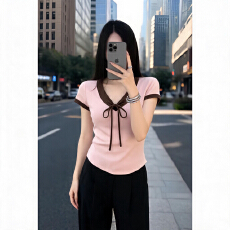 批发韩系V领蝴蝶结系带短袖T恤女夏季新款温柔风撞色收腰修身显瘦上衣