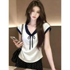 批发韩系蝴蝶结系带V领短袖T恤女夏季撞色设计感修身显瘦独特小众上衣