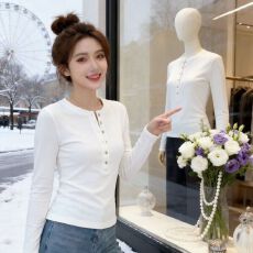 批发早秋新款半开领纽扣长袖t恤女通勤内搭<b class='q'>修身</b>显瘦简约百搭气质上衣