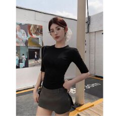 批发性感气质辣妹修身中<b class='q'>袖</b><b class='q'>t</b><b class='q'>恤</b>女夏季简约百搭修身紧身显瘦五分<b class='q'>袖</b>上衣