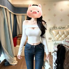 批发性感辣妹风一字肩露肩长袖T恤女<b class='q'>秋</b>季新款修身显瘦小众设计感上衣