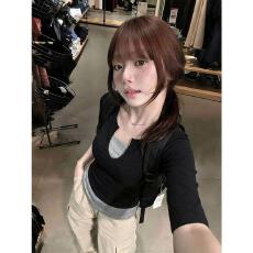 批发美式chic甜酷修身撞色正肩中袖<b class='q'>t</b><b class='q'>恤</b>女2026夏季新款辣妹假两件上衣
