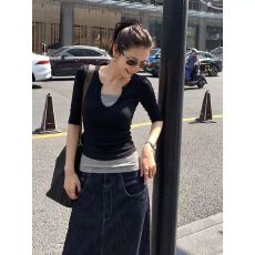 批发撞色拼接美式辣妹风假两件中袖<b class='q'>t</b><b class='q'>恤</b>女早秋新款修身收腰小个子上衣