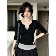 批发复古撞色拼接V领中袖<b class='q'>T</b><b class='q'>恤</b>女2026春秋季新款时尚简约百搭假两件上衣