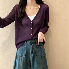 批发气质正肩V领长袖防晒开衫女<b class='q'>夏</b>季韩版新款小个子MM薄款微透空调衫