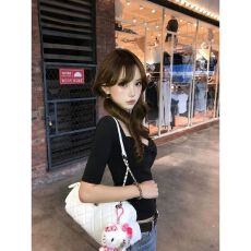 批发方领正肩<b class='q'>中袖</b>t恤女春秋新款气质蝴蝶结设计感修身显瘦五分袖上衣