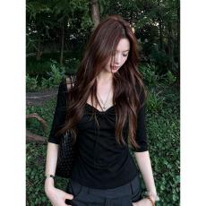 批发法式方领<b class='q'>中袖</b>t恤女春秋新款修身短款辣妹收腰正肩五分袖半袖上衣