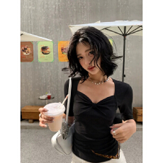 批发美式复古蝴蝶结方领<b class='q'>中袖</b>t恤女2026春秋新款修身显瘦别致漂亮上衣