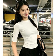 批发辣妹正肩圆领<b class='q'>中袖</b>T恤女夏季纯色气质百搭修身显瘦基础款打底上衣
