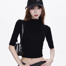 批发甜酷风正肩圆领海蓝<b class='q'>中袖</b>T恤女夏季辣妹修身显瘦百搭收腰短款上衣