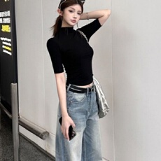 批发黑色<b class='q'>中袖</b>t恤女小高领打底衫内搭夏季新款修身显瘦半袖辣妹风上衣